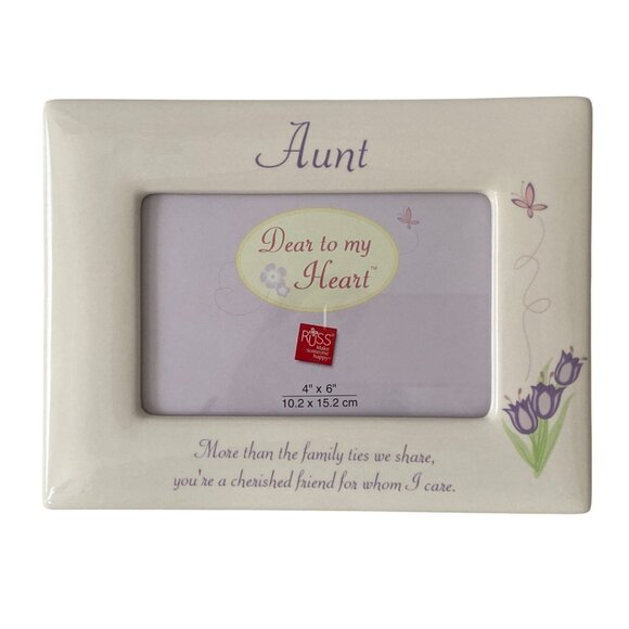 Russ Berrie Aunt Picture Frame 4" X 6" Ceramic Floral Design Beige Purple - Picture 1 of 16